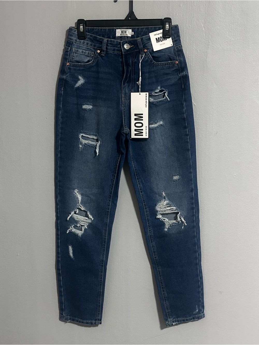 Refuge Denim MOM Brand Distressed Dark Blue High-Rise Jeans